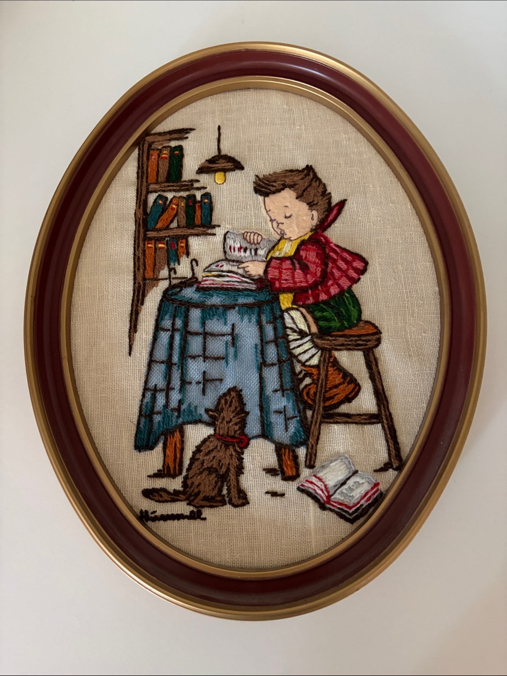 Vintage Himmel Hand Embroidered Child Reading Wall Art